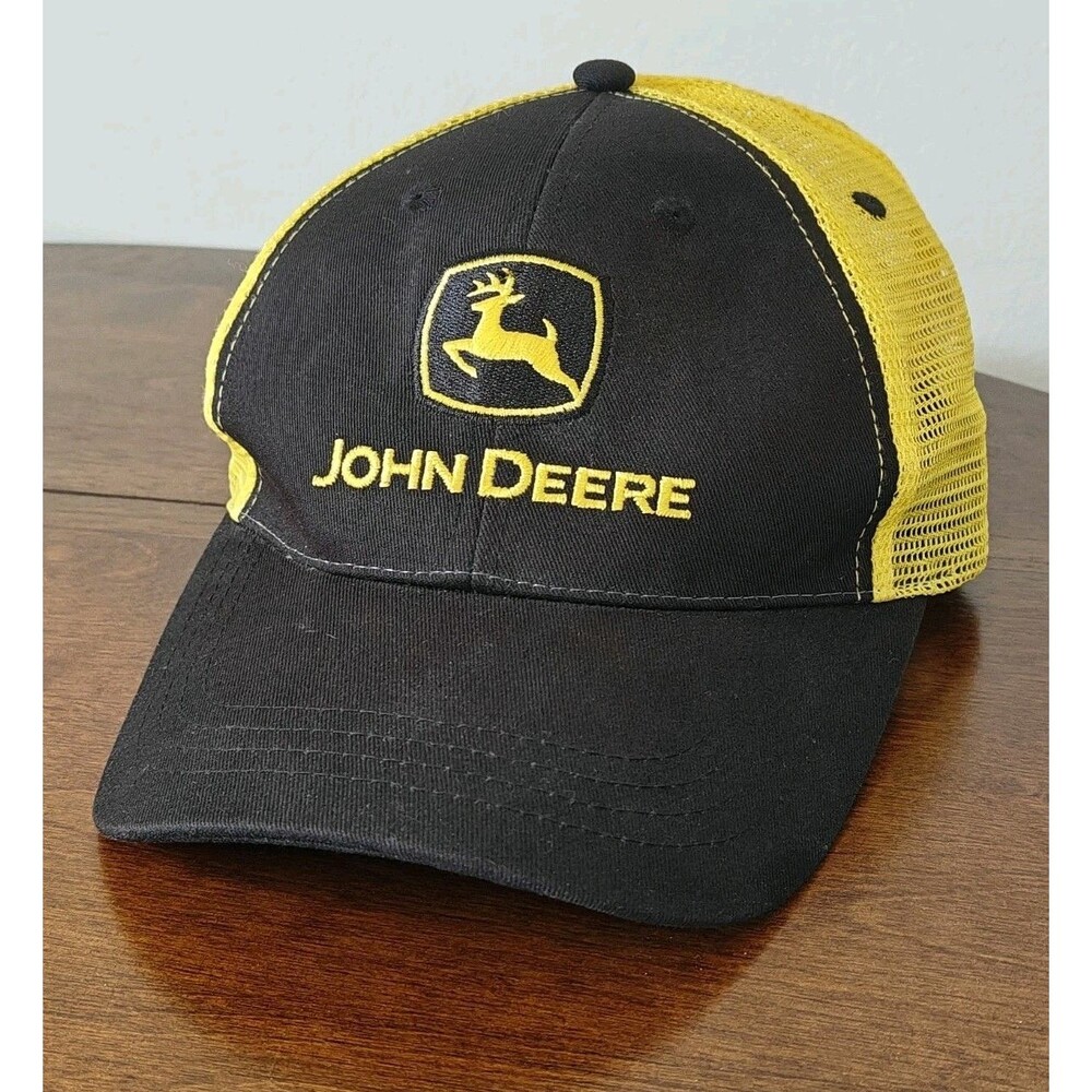 John Deere Logo Black & Yellow Snapback Trucker Farmers Hat Adjustable Mesh Cap